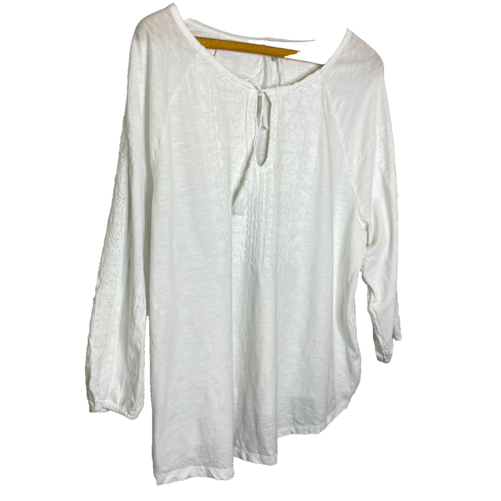 Women's 1X Lucky Brand Embroidered Tassel Keyhole Boho Peasant Blouse - Picture 2 of 5